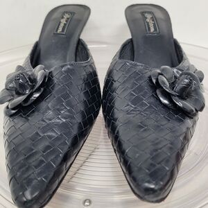 BRIGHTON Poem Paige Slip-On High Heeled Mules Black Leather Shoes Floral Sz 10M
